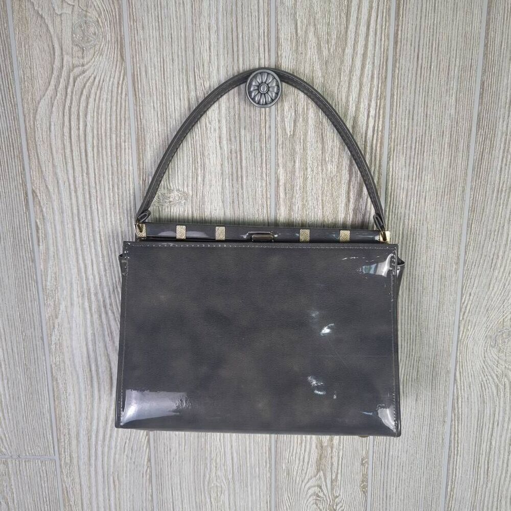 Vintage Mr Mart Womens Patent Leather Handbag Purse Gray Single Handle 11"x12"